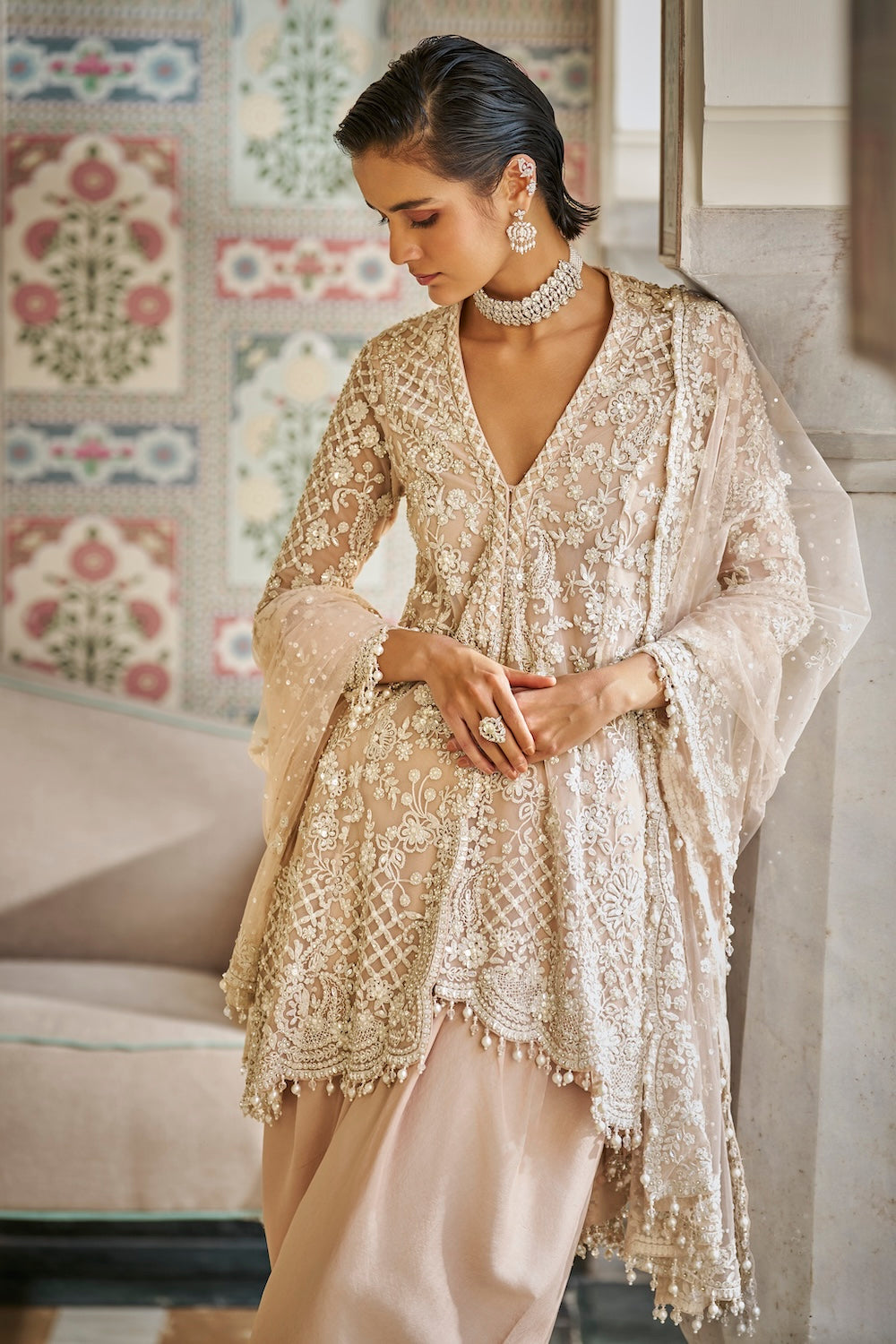 Seema Gujral - Nude Pearl Dhoti Set