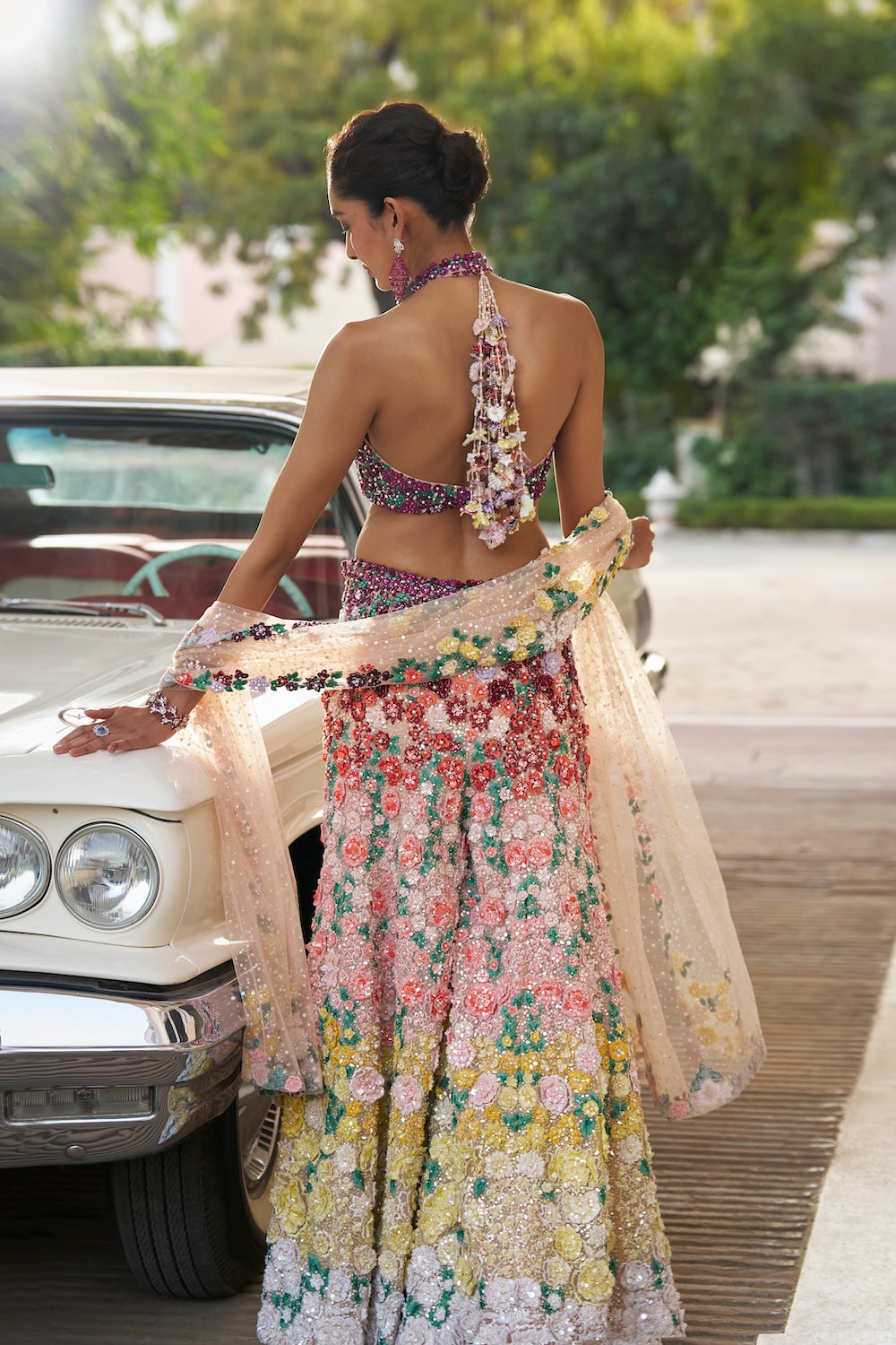 Seema Gujral - Ombre Multi-Coloured Three-Dimensional Floral Sharara Set