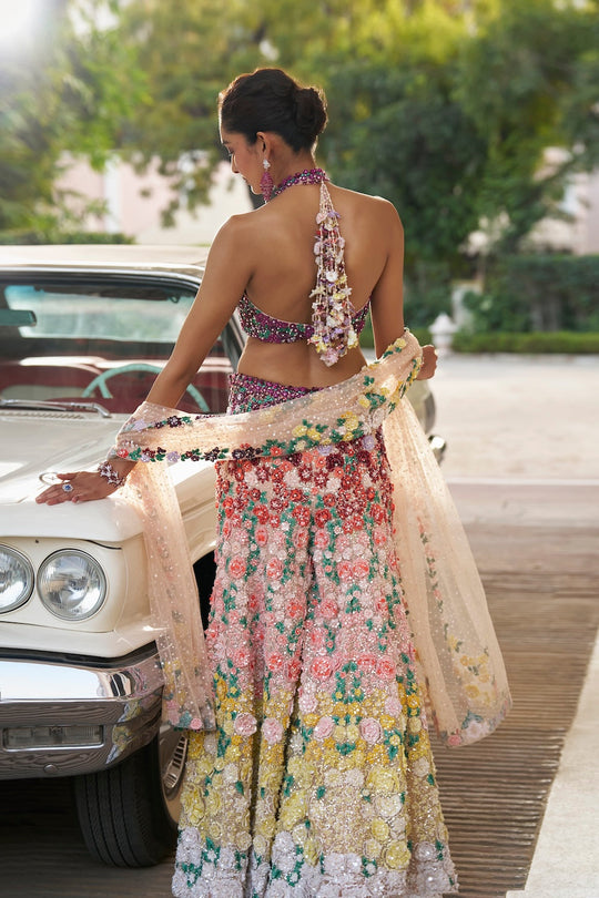 Seema Gujral - Ombre Multi-Coloured Three-Dimensional Floral Sharara Set