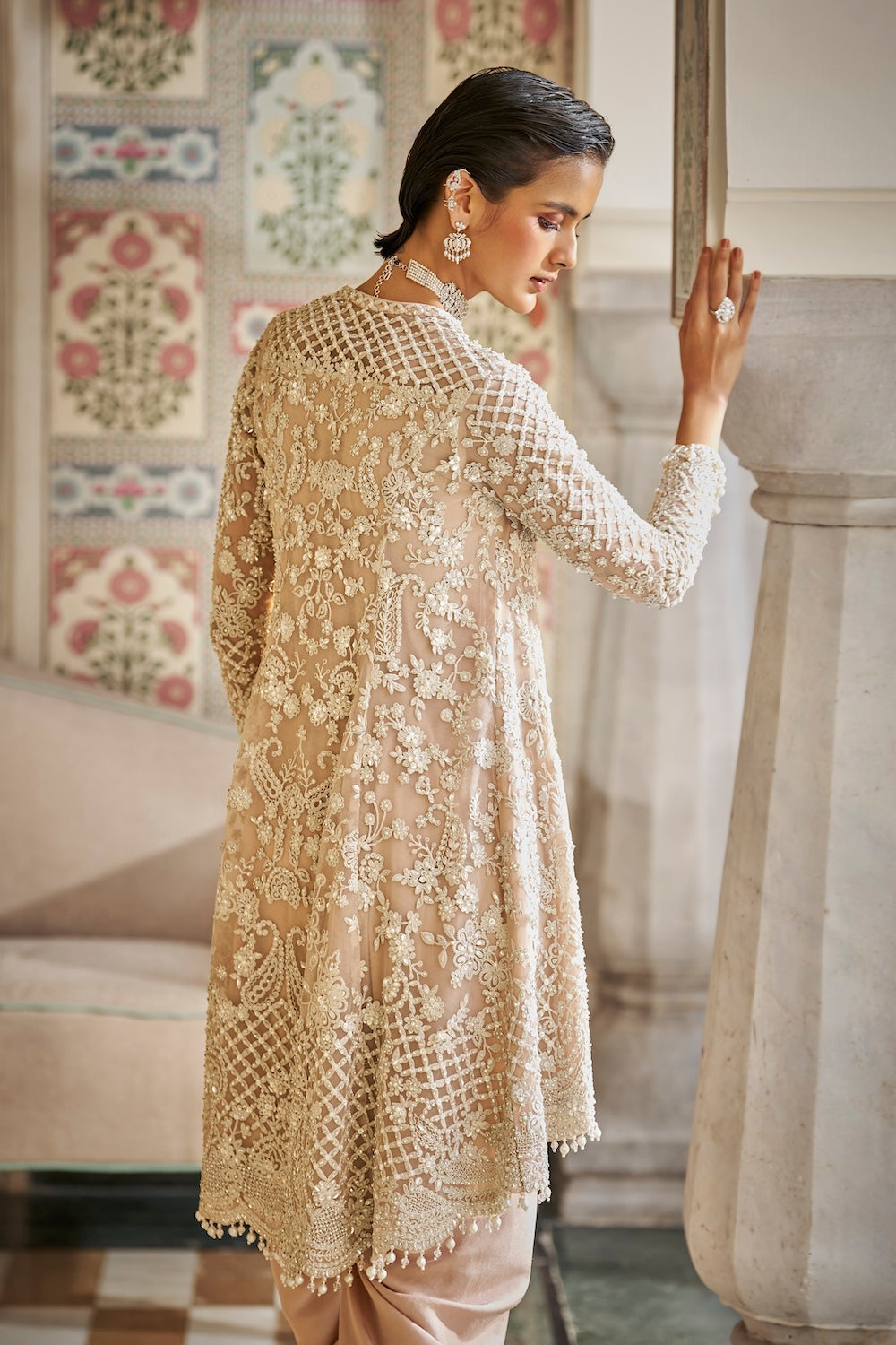 Seema Gujral - Nude Pearl Dhoti Set