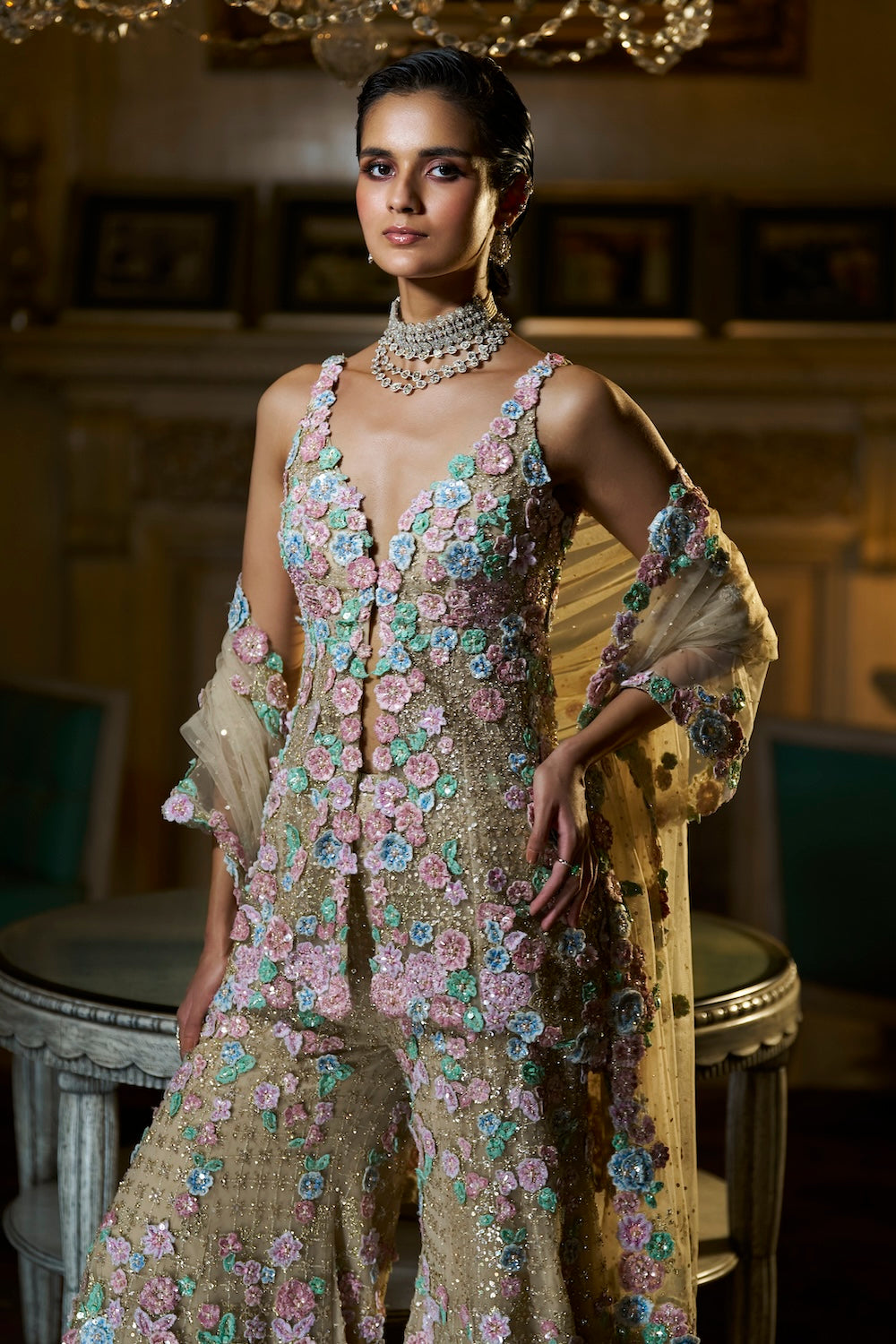 Seema Gujral - Multi-Coloured Three-Dimensional Sharara Set