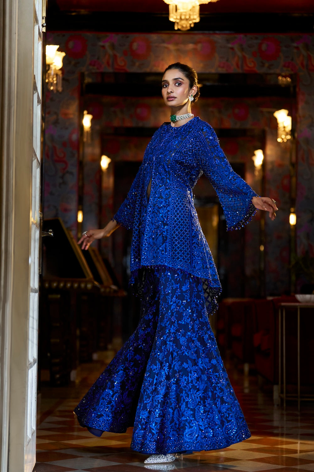 Seema Gujral - Navy Blue Thread Work Sharara Set