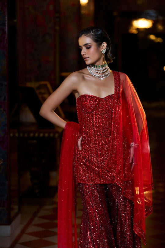 Seema Gujral - Off-Shoulder Red Sharara Set