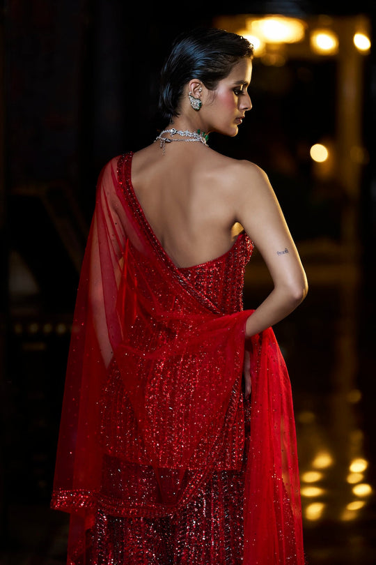 Seema Gujral - Off-Shoulder Red Sharara Set