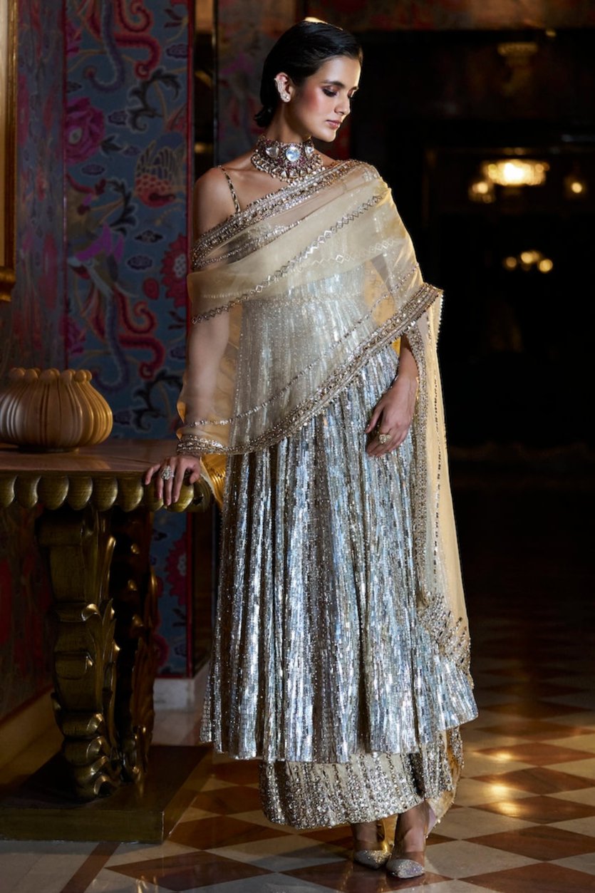 Seema Gujral - Gold Silver Crystal Sharara Set