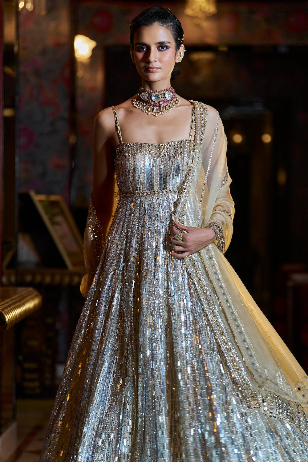 Seema Gujral - Gold Silver Crystal Sharara Set