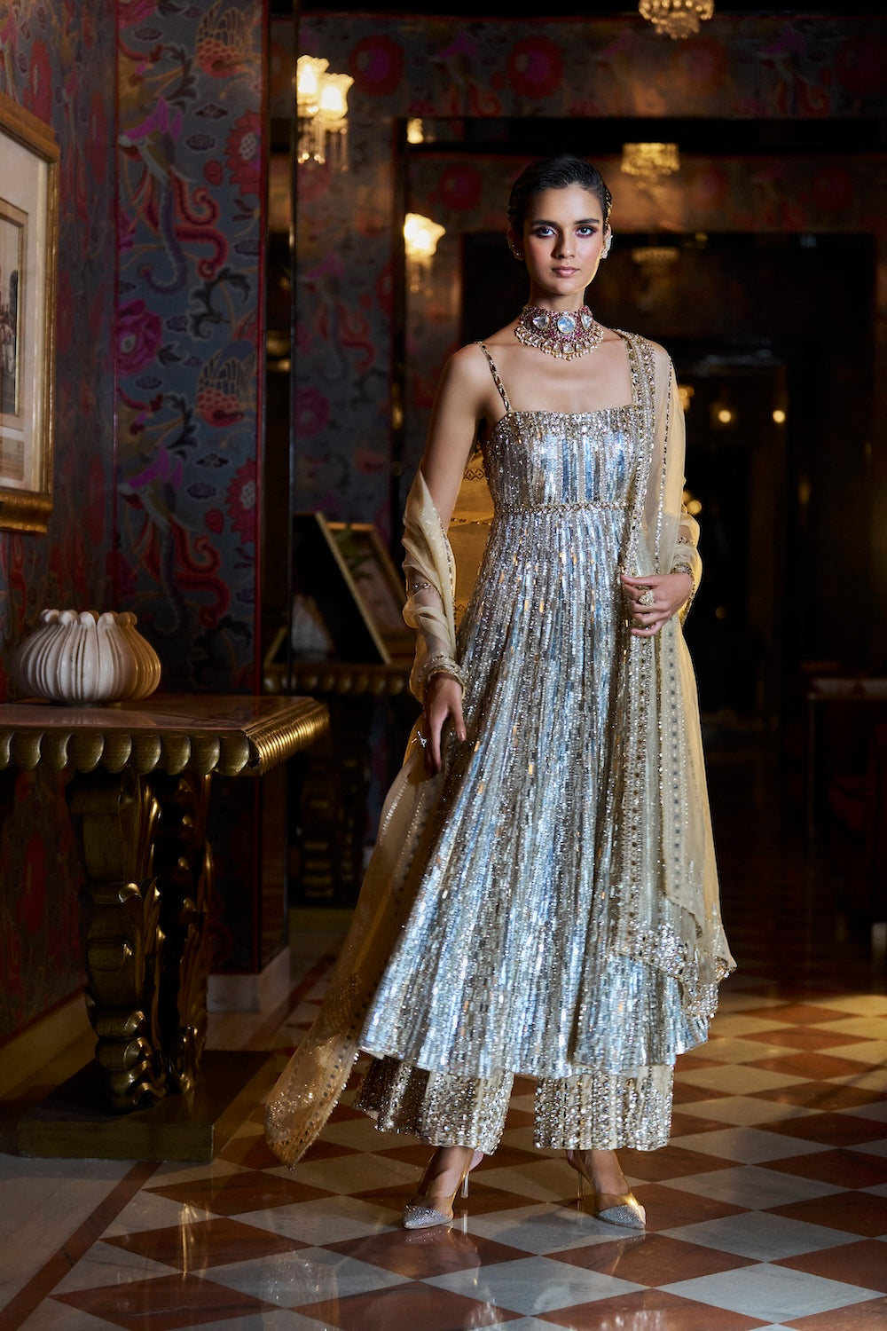 Seema Gujral - Gold Silver Crystal Sharara Set