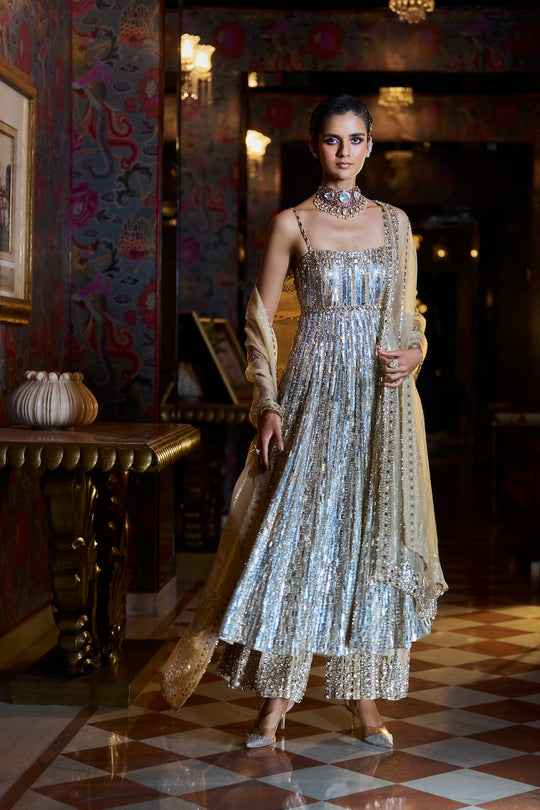 Seema Gujral - Gold Silver Crystal Sharara Set