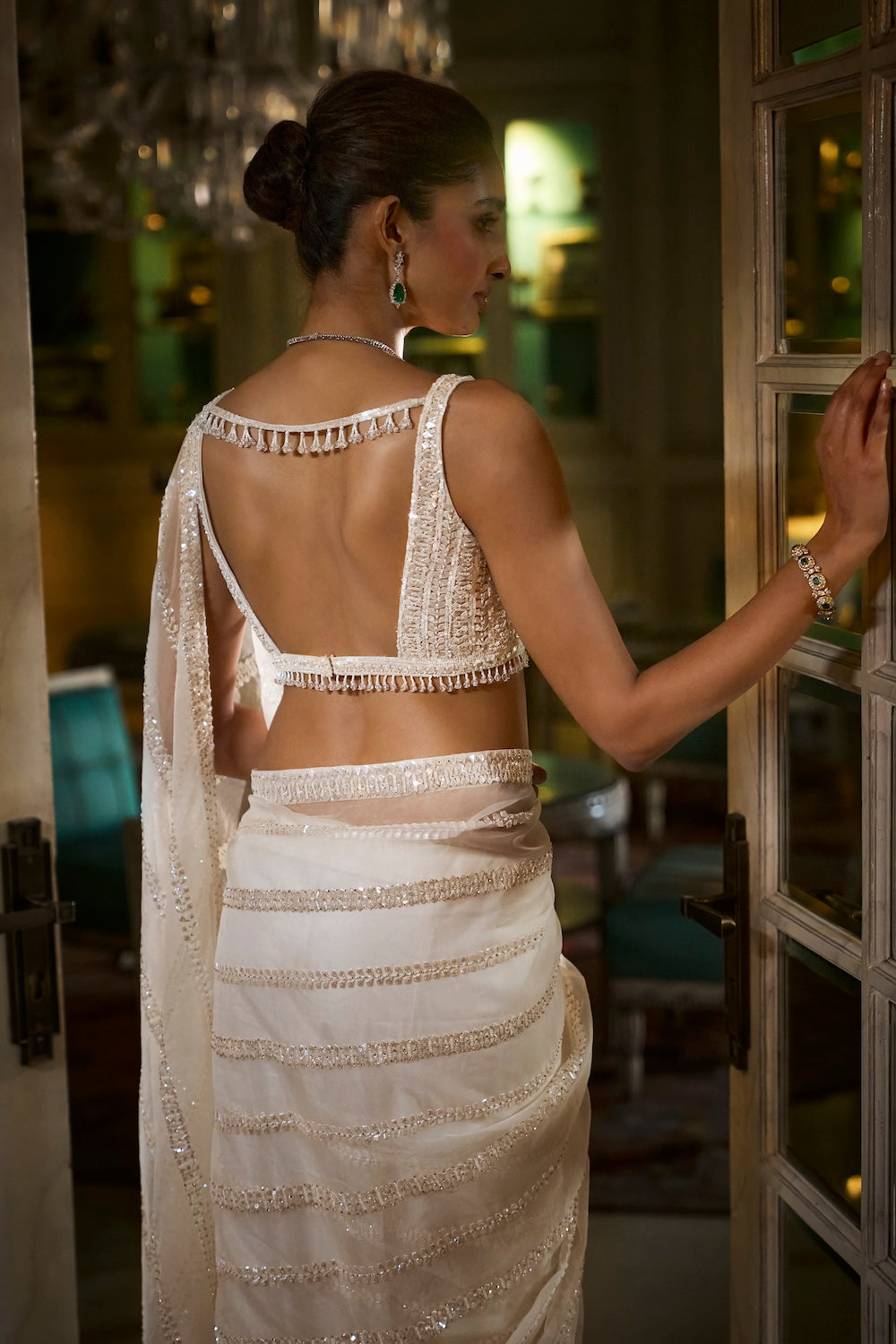 Seema Gujral - Ivory Organza Sequin Saree