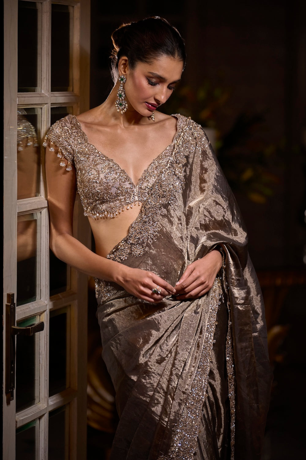 Seema Gujral - Coffee Brown Tissue Organza Saree