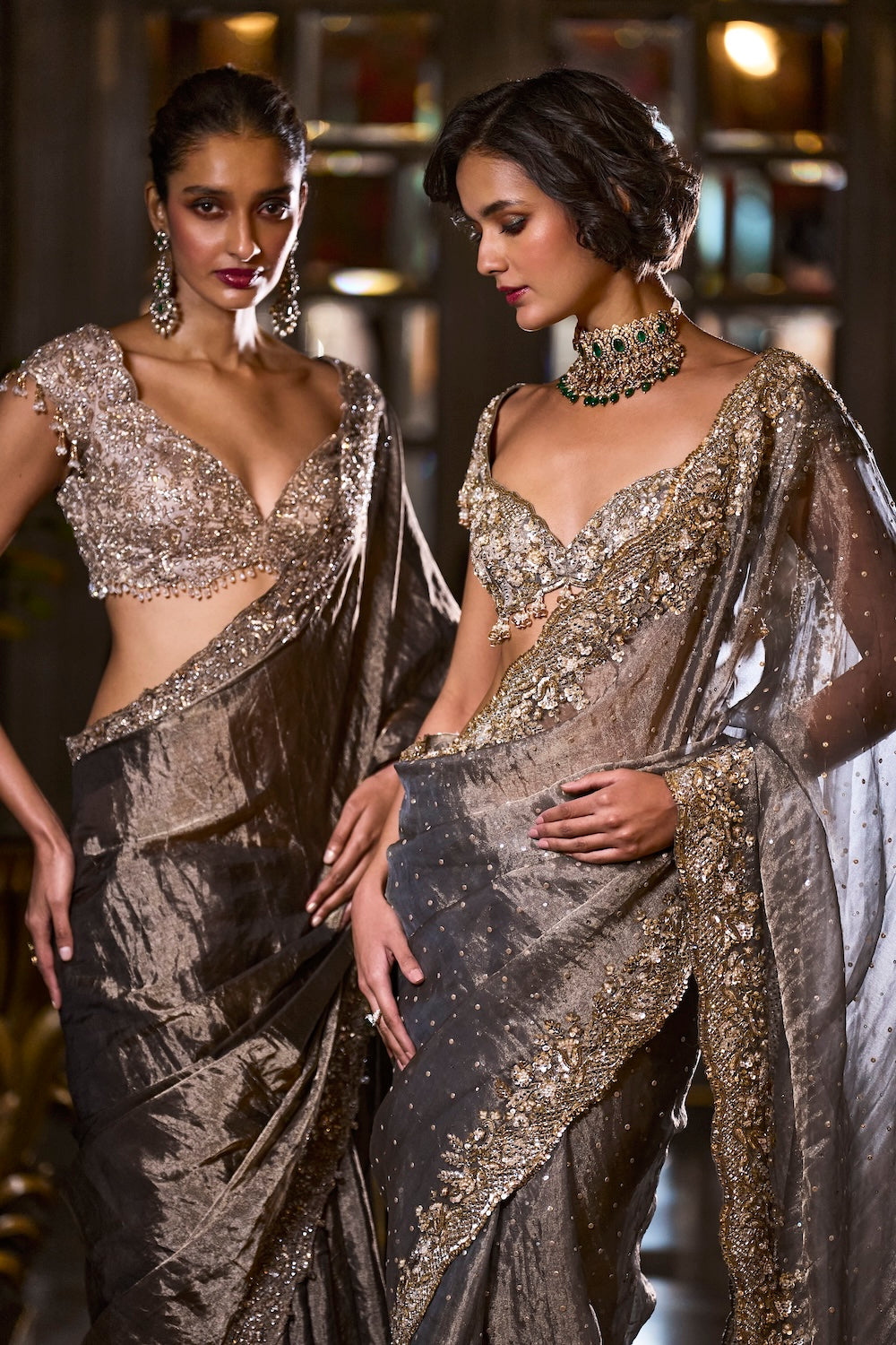 Seema Gujral - Stone Grey Tissue Organza Saree