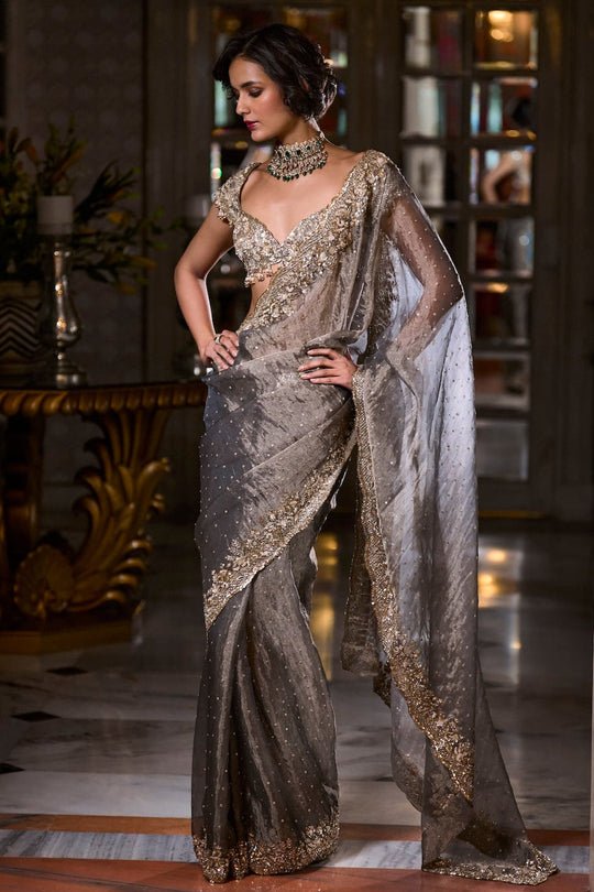 Seema Gujral - Stone Grey Tissue Organza Saree