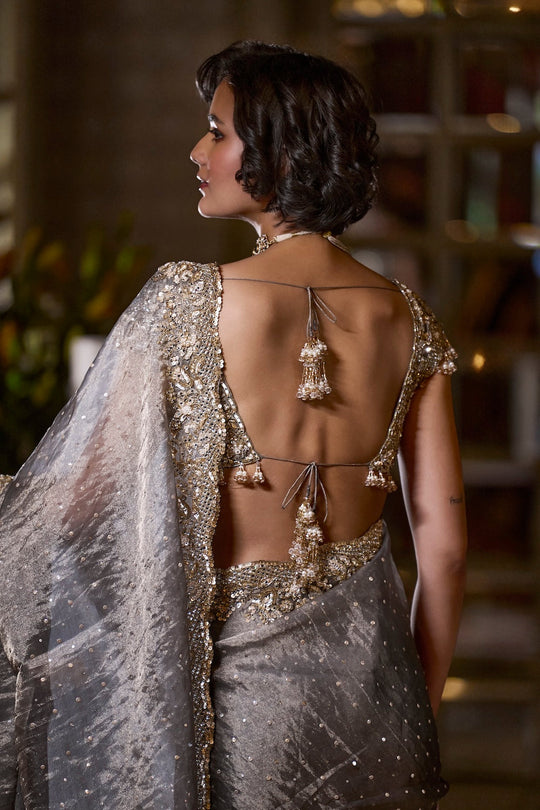 Seema Gujral - Stone Grey Tissue Organza Saree