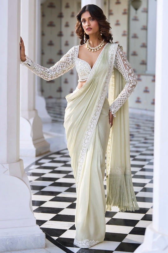 Seema Gujral - Mint Green Draped Dori Saree