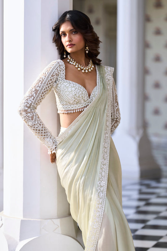 Seema Gujral - Mint Green Draped Dori Saree