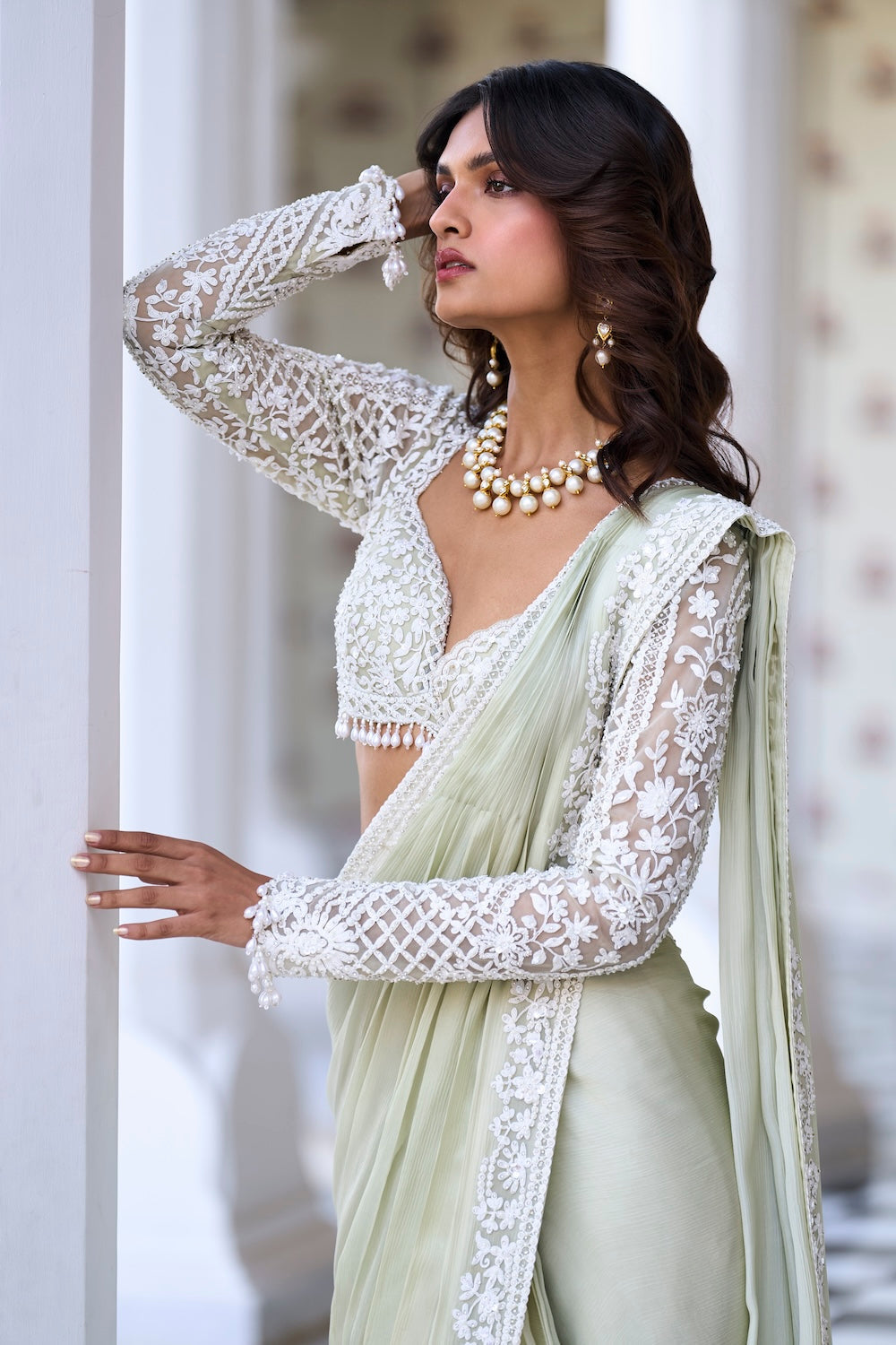 Seema Gujral - Mint Green Draped Dori Saree