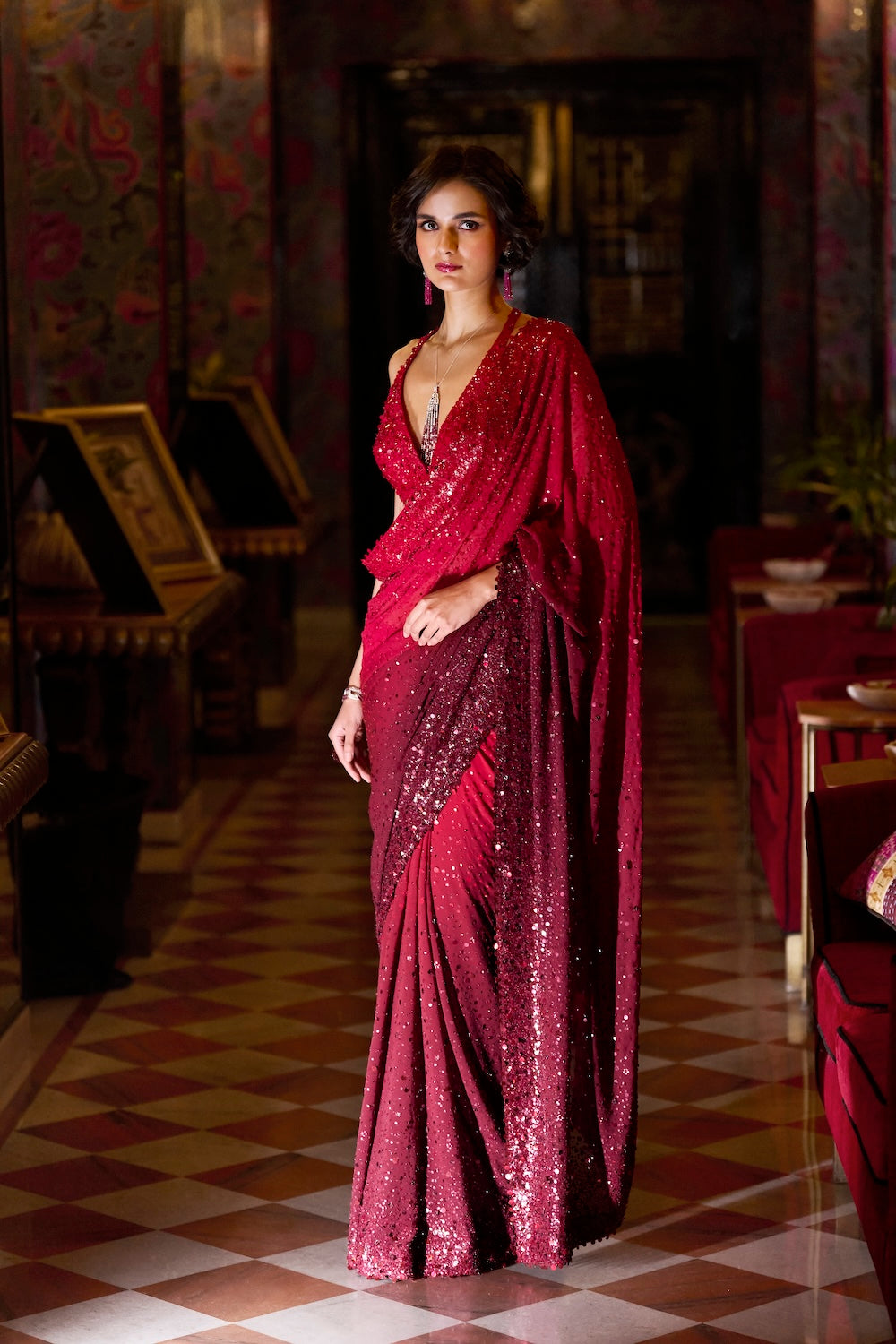 Seema Gujral - Red Ombre Sequin Georgette Saree