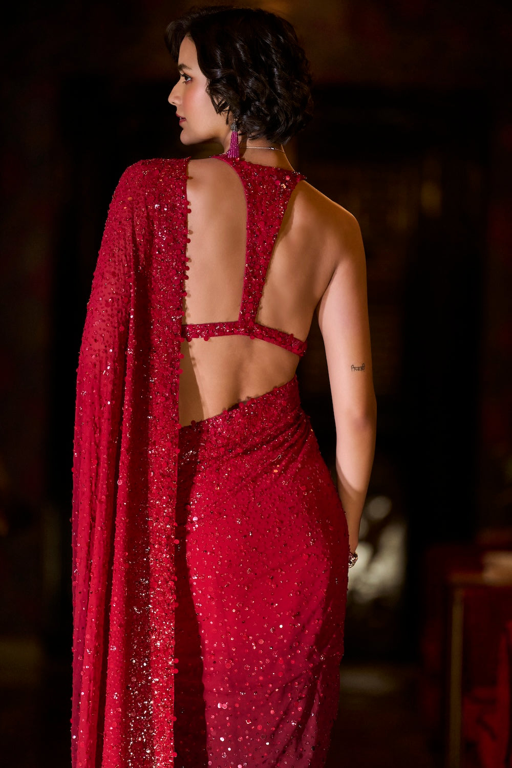 Seema Gujral - Red Ombre Sequin Georgette Saree