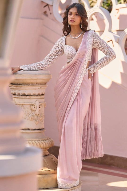 Seema Gujral - Powder Pink Draped Dori Saree
