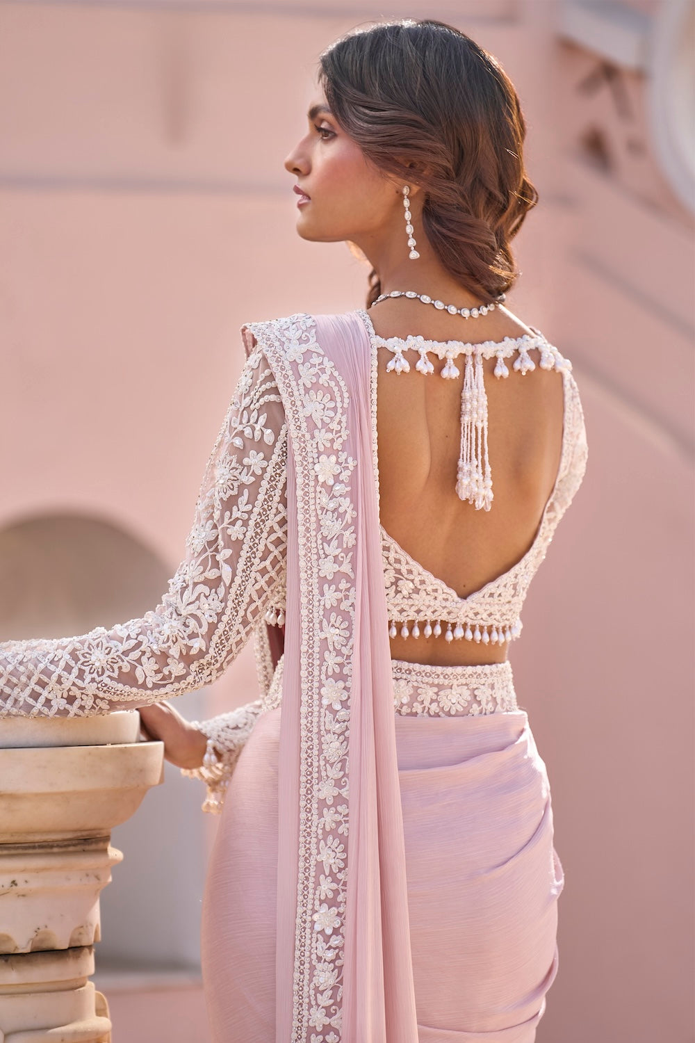 Powder Pink Draped Dori Sari | Seema Gujral M / CUSTOM SIZE Powder Pink Draped Dori Sari | Seema Gujral M / CUSTOM SIZE