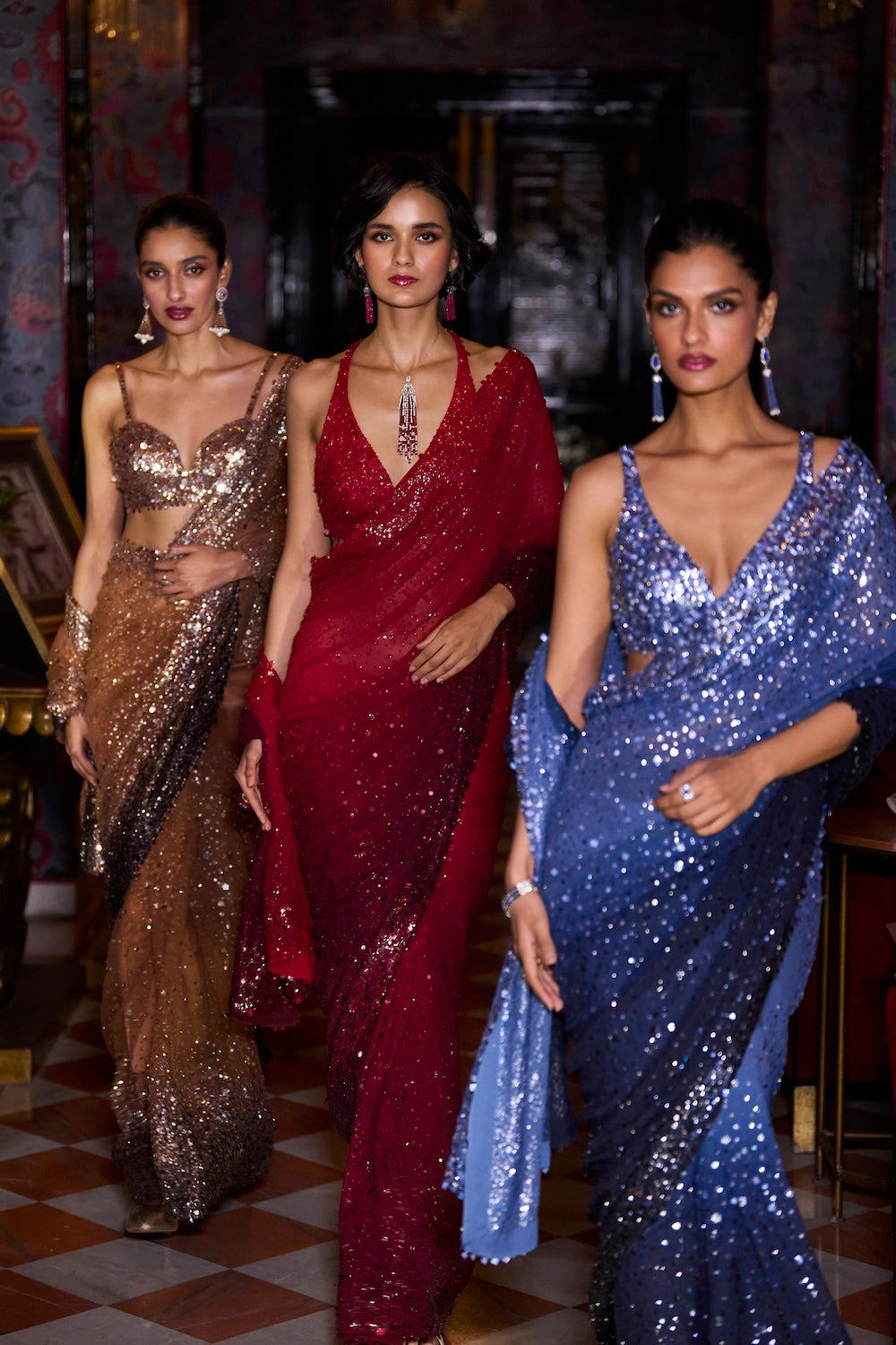 Seema Gujral - Red Ombre Sequin Georgette Saree