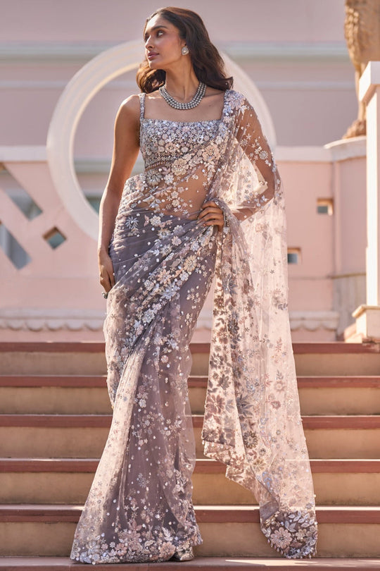 Seema Gujral - Stone Grey Multi-Coloured Floral Saree