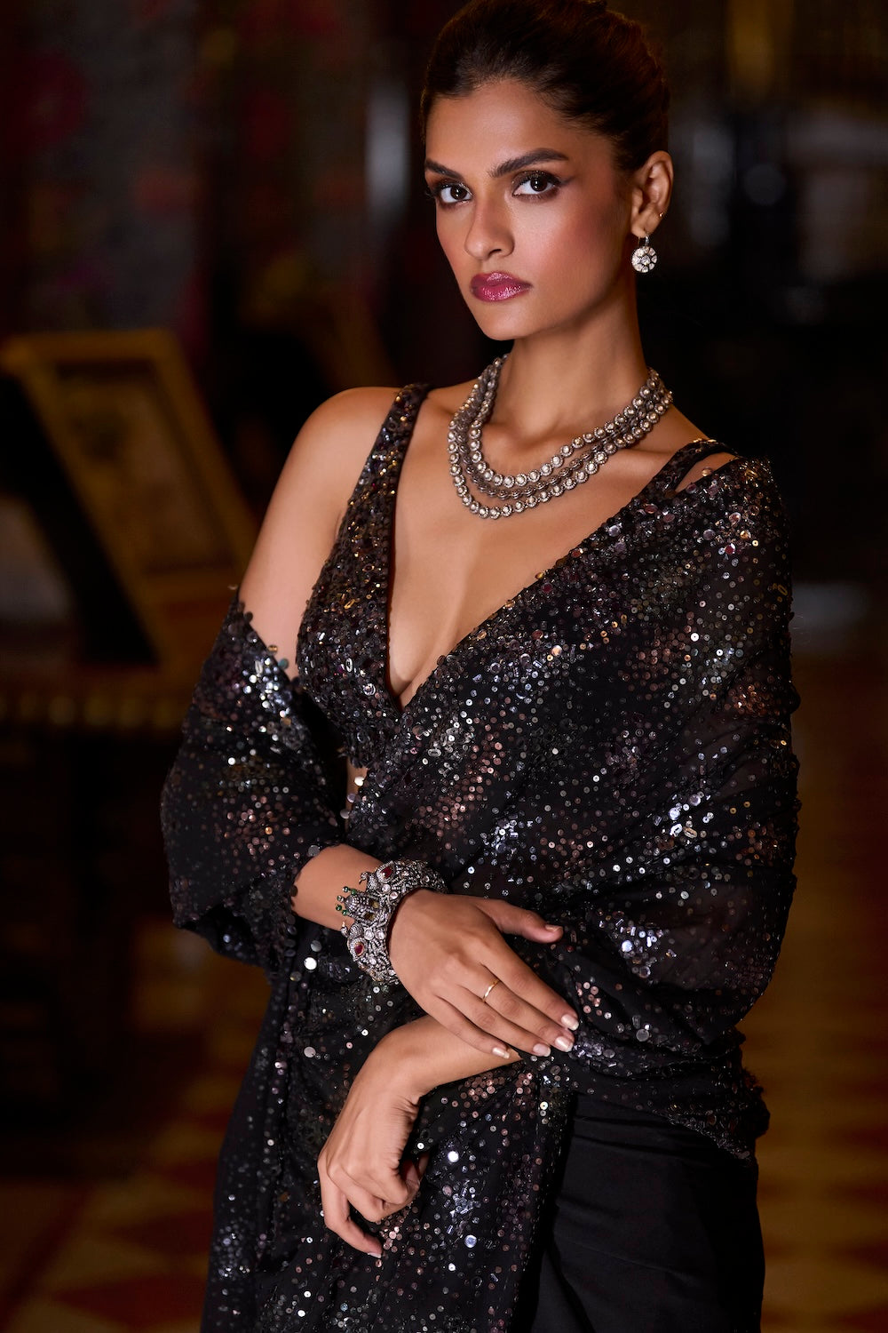 Seema Gujral - Black Multi-Coloured Sequin Saree