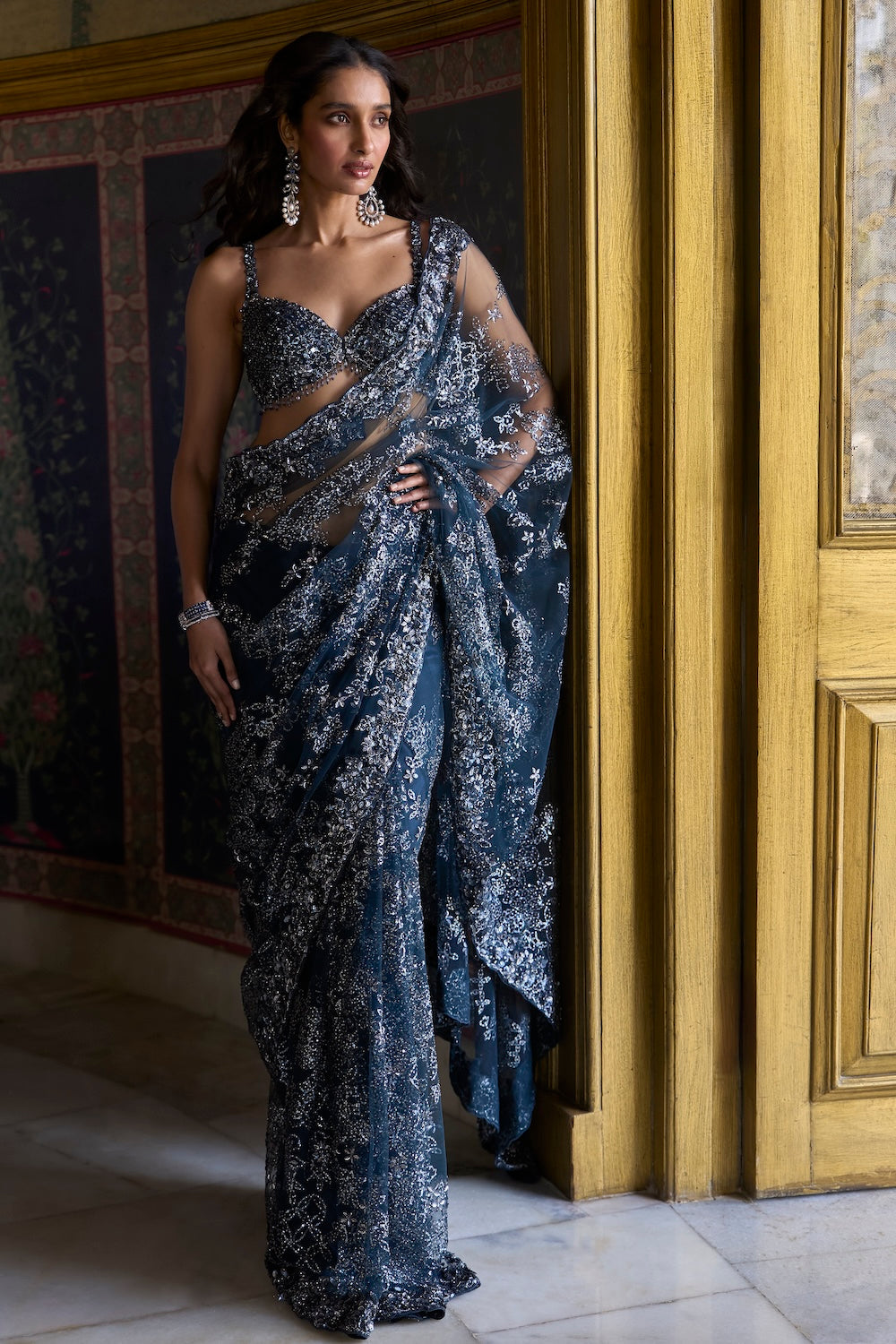 Seema Gujral - Teal Blue Sequin Saree