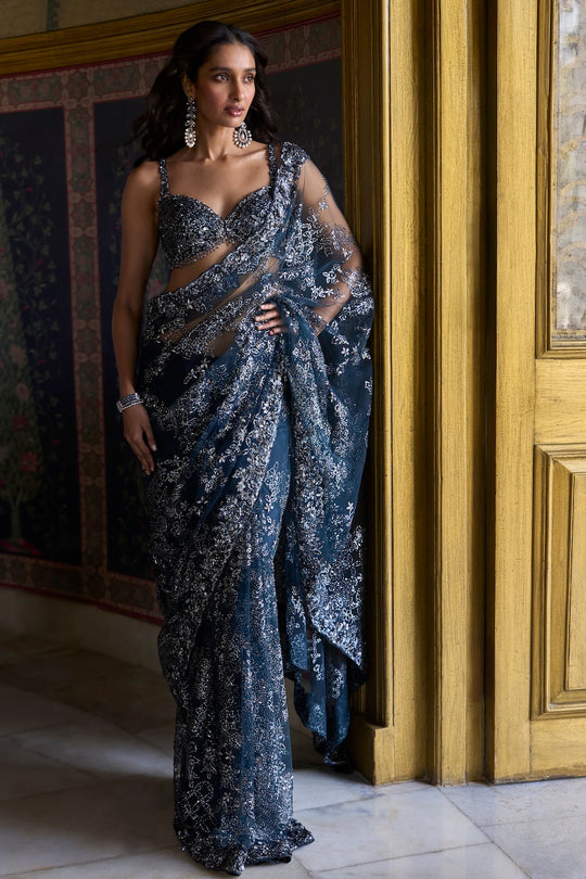 Seema Gujral - Teal Blue Sequin Saree