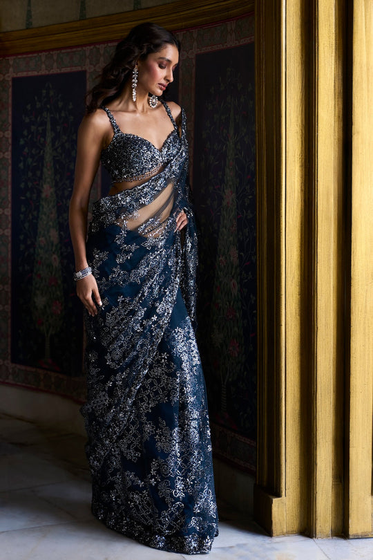 Seema Gujral - Teal Blue Sequin Saree
