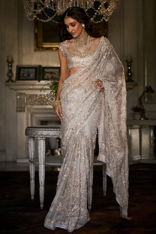 Seema Gujral - Ivory Gold Sequin Saree