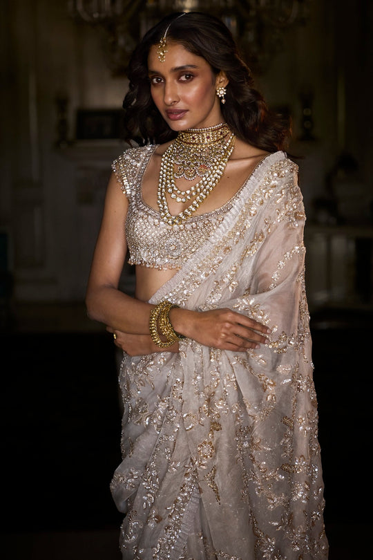 Seema Gujral - Ivory Gold Sequin Saree