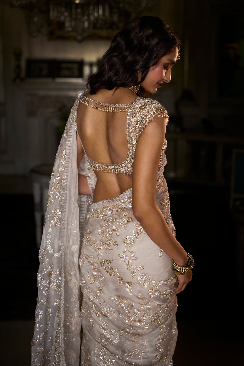 Seema Gujral - Ivory Gold Sequin Saree