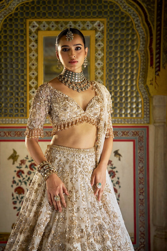 Seema Gujral - Ivory Gold Floral Lehenga Set