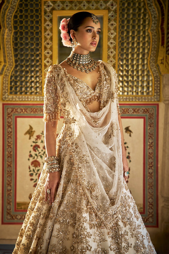 Seema Gujral - Ivory Gold Floral Lehenga Set