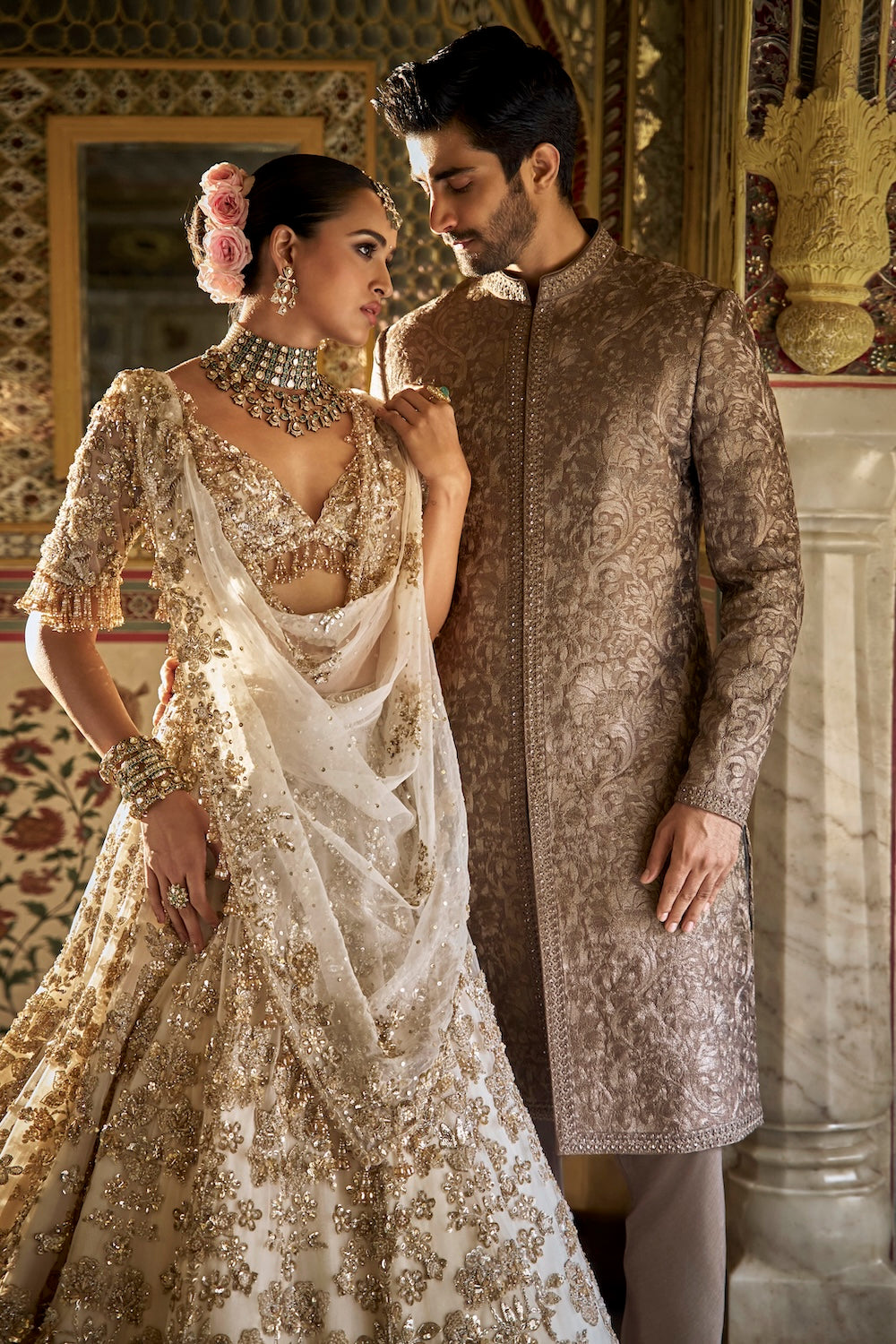 Seema Gujral - Ivory Gold Floral Lehenga Set