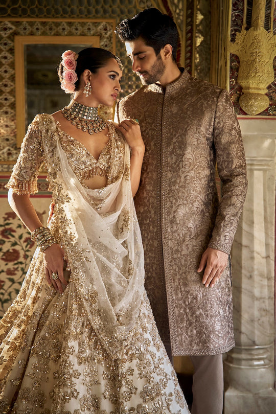 Seema Gujral - Ivory Gold Floral Lehenga Set