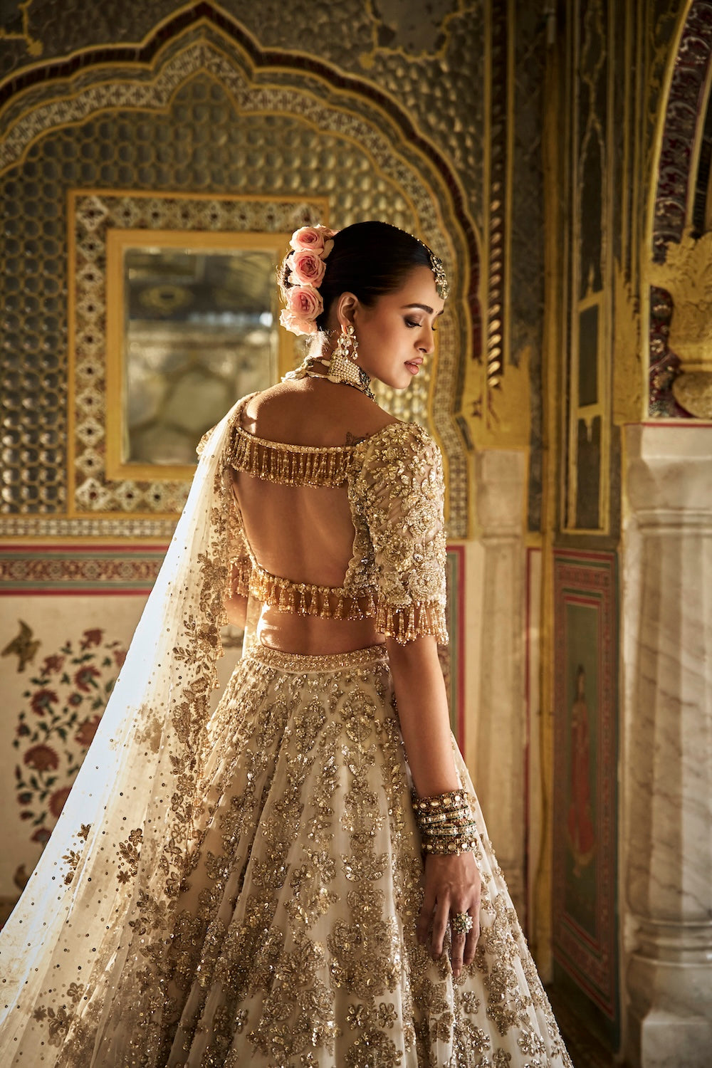 Seema Gujral - Ivory Gold Floral Lehenga Set