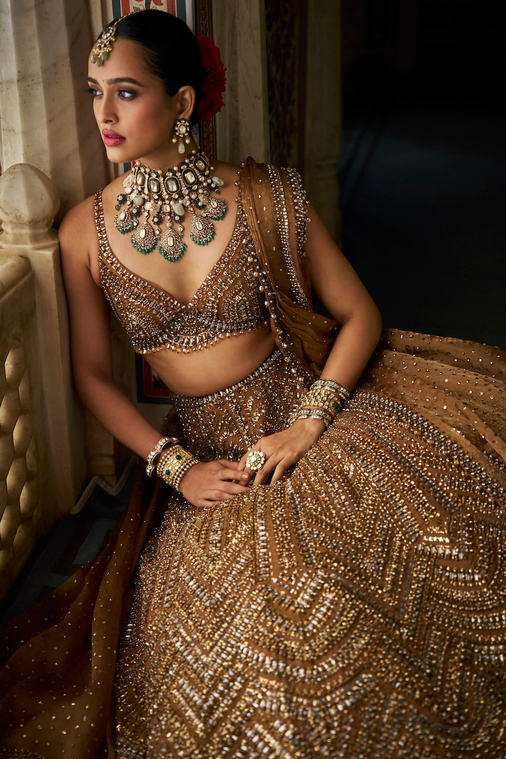 Seema Gujral - Copper Gold Crystal Lehenga Set