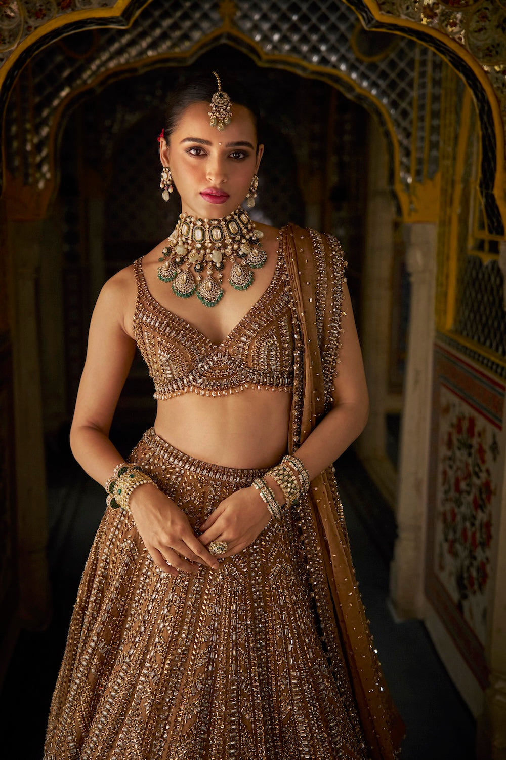 Seema Gujral - Copper Gold Crystal Lehenga Set