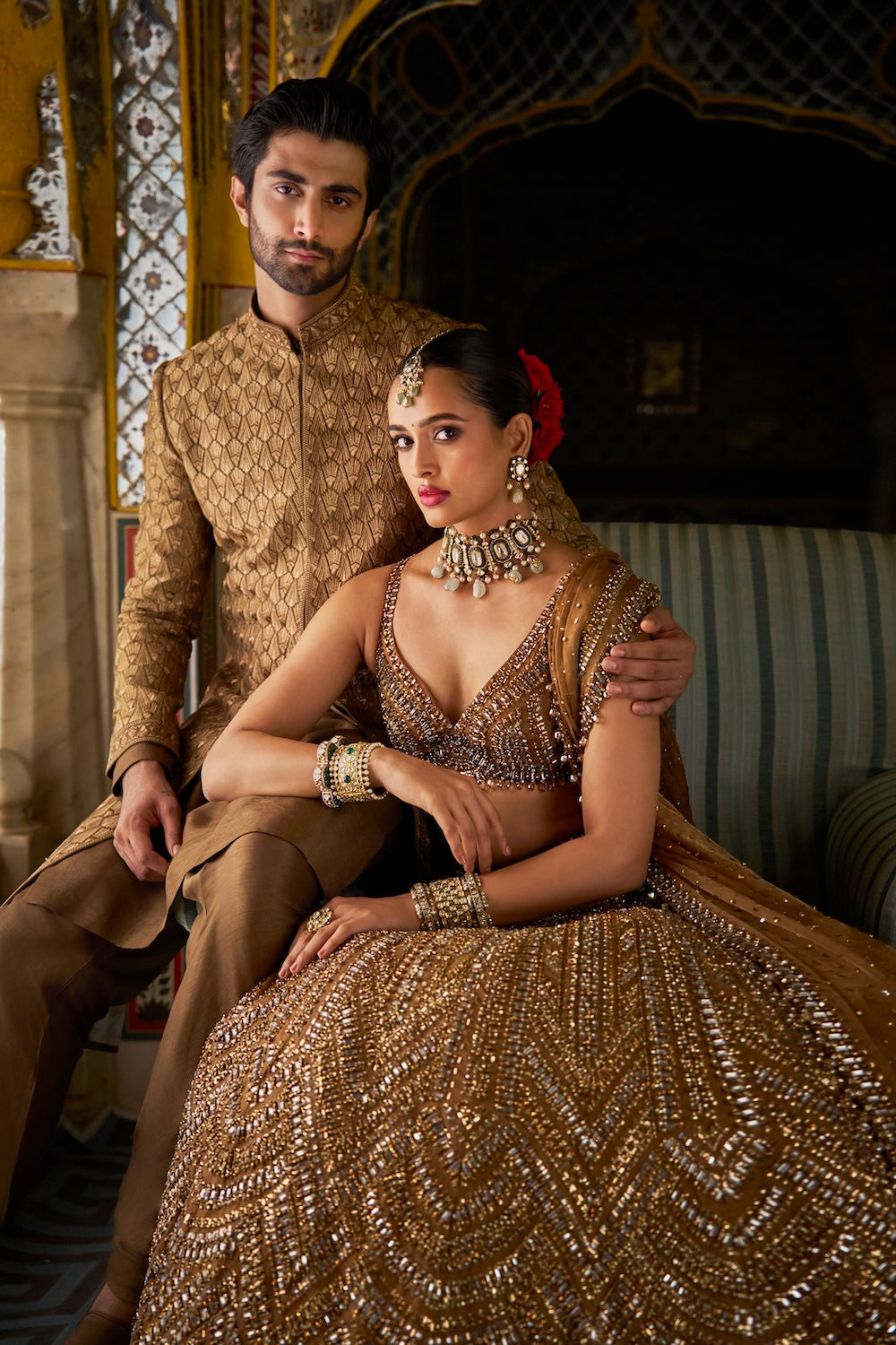 Seema Gujral - Copper Gold Crystal Lehenga Set