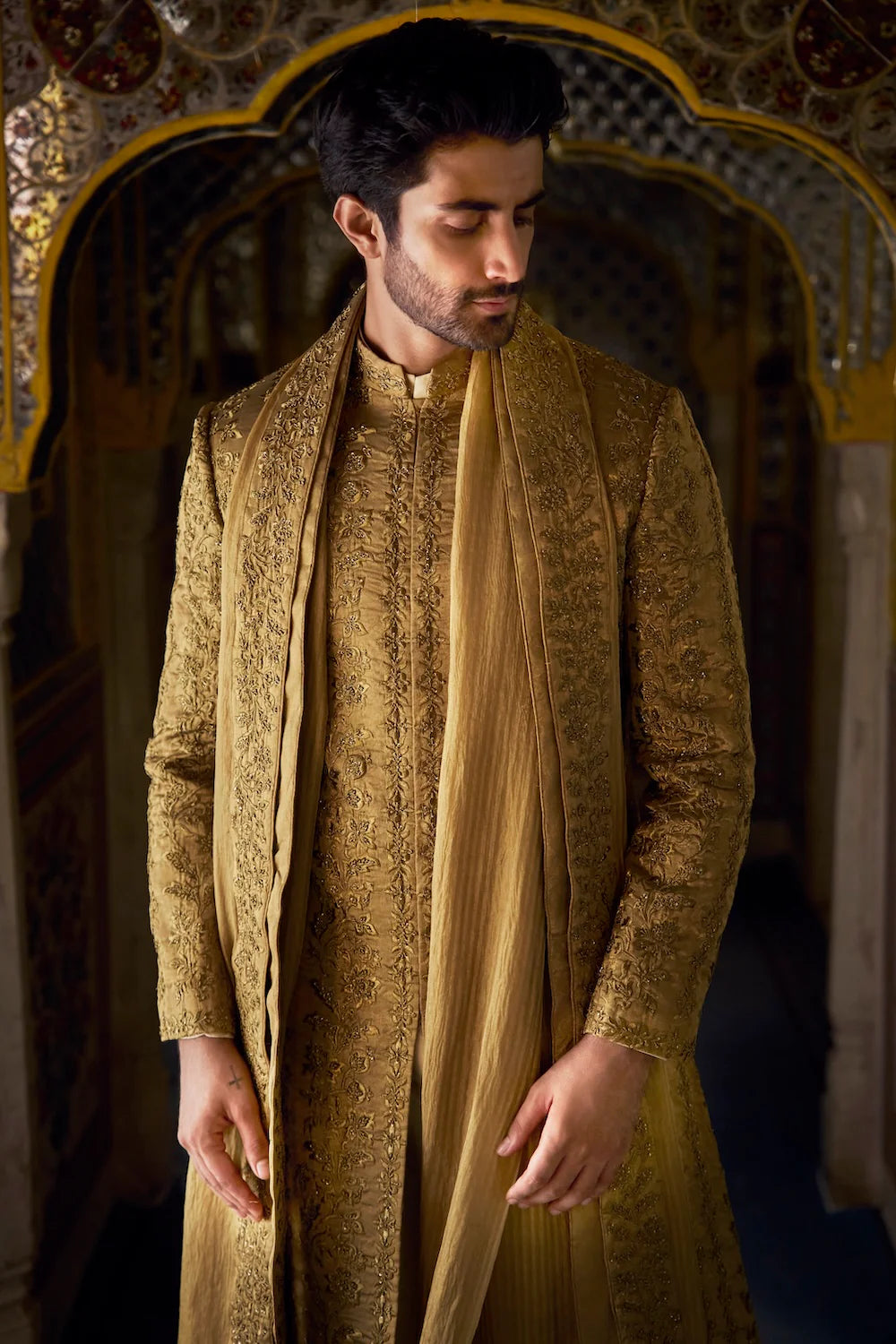 Seema Gujral - Antique Gold Tissue Sherwani Set