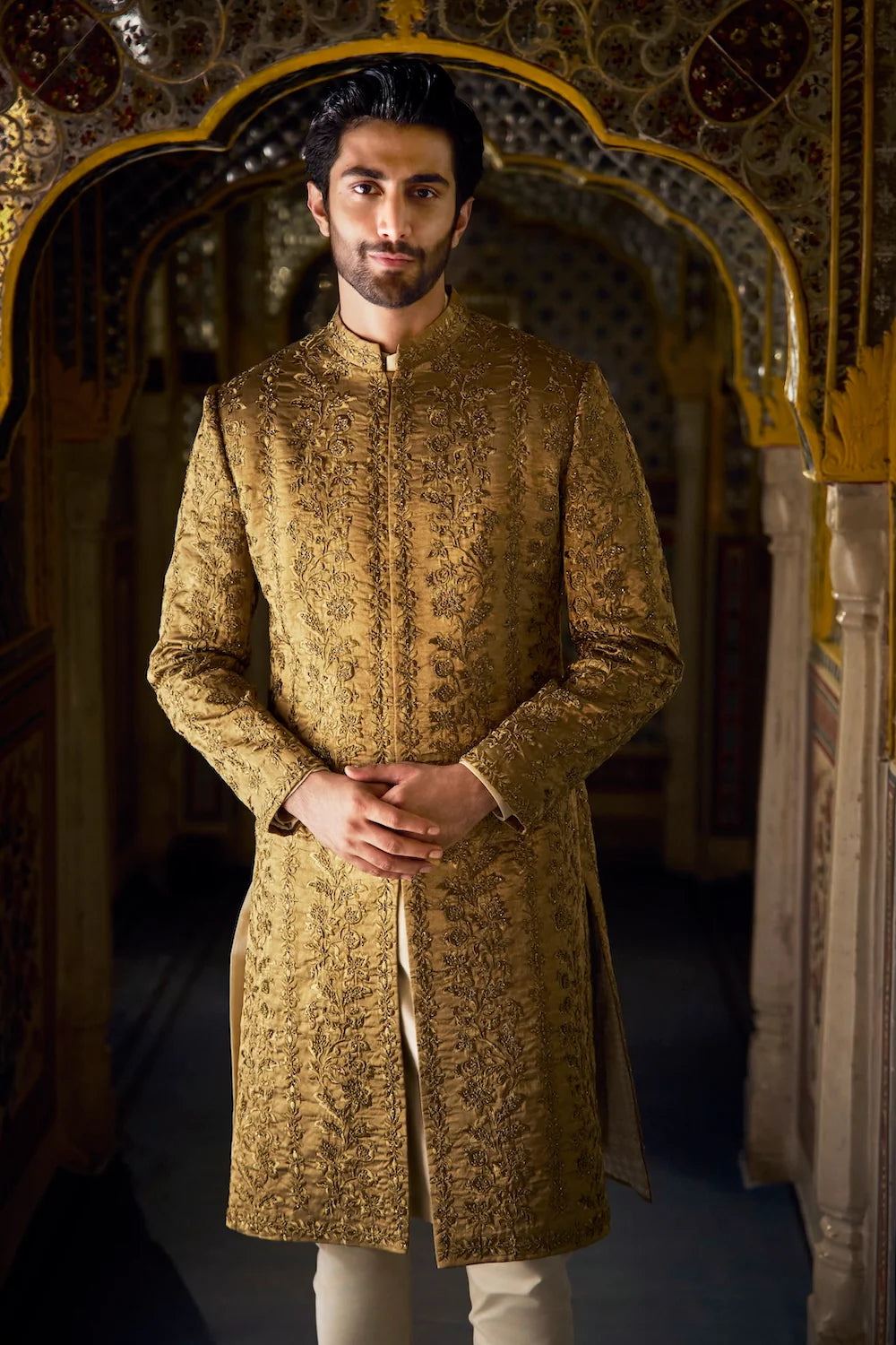 Seema Gujral - Antique Gold Tissue Sherwani Set
