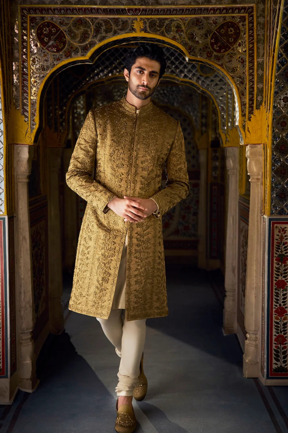 Seema Gujral - Antique Gold Tissue Sherwani Set