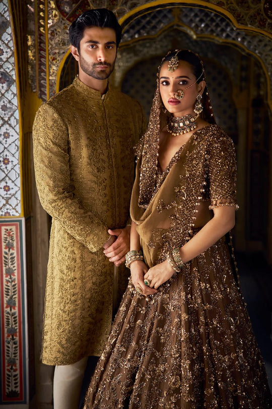 Seema Gujral - Antique Gold Tissue Sherwani Set