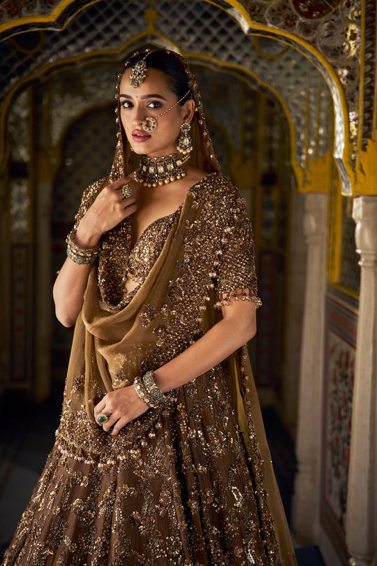 Seema Gujral - Bronze Tissue Lehenga Set