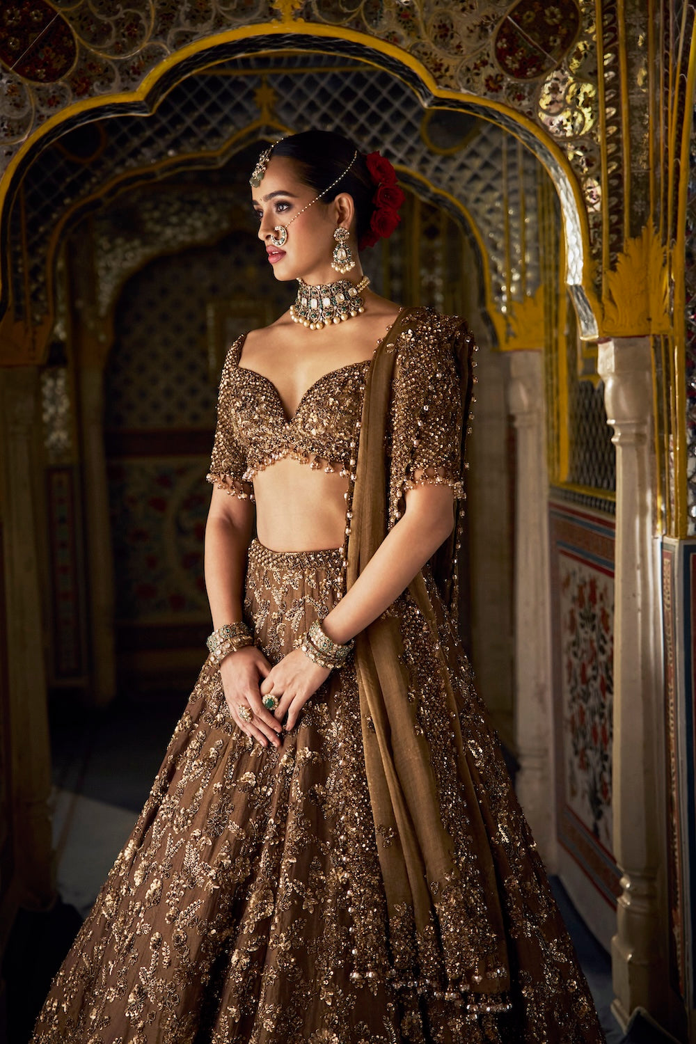 Seema Gujral - Bronze Tissue Lehenga Set