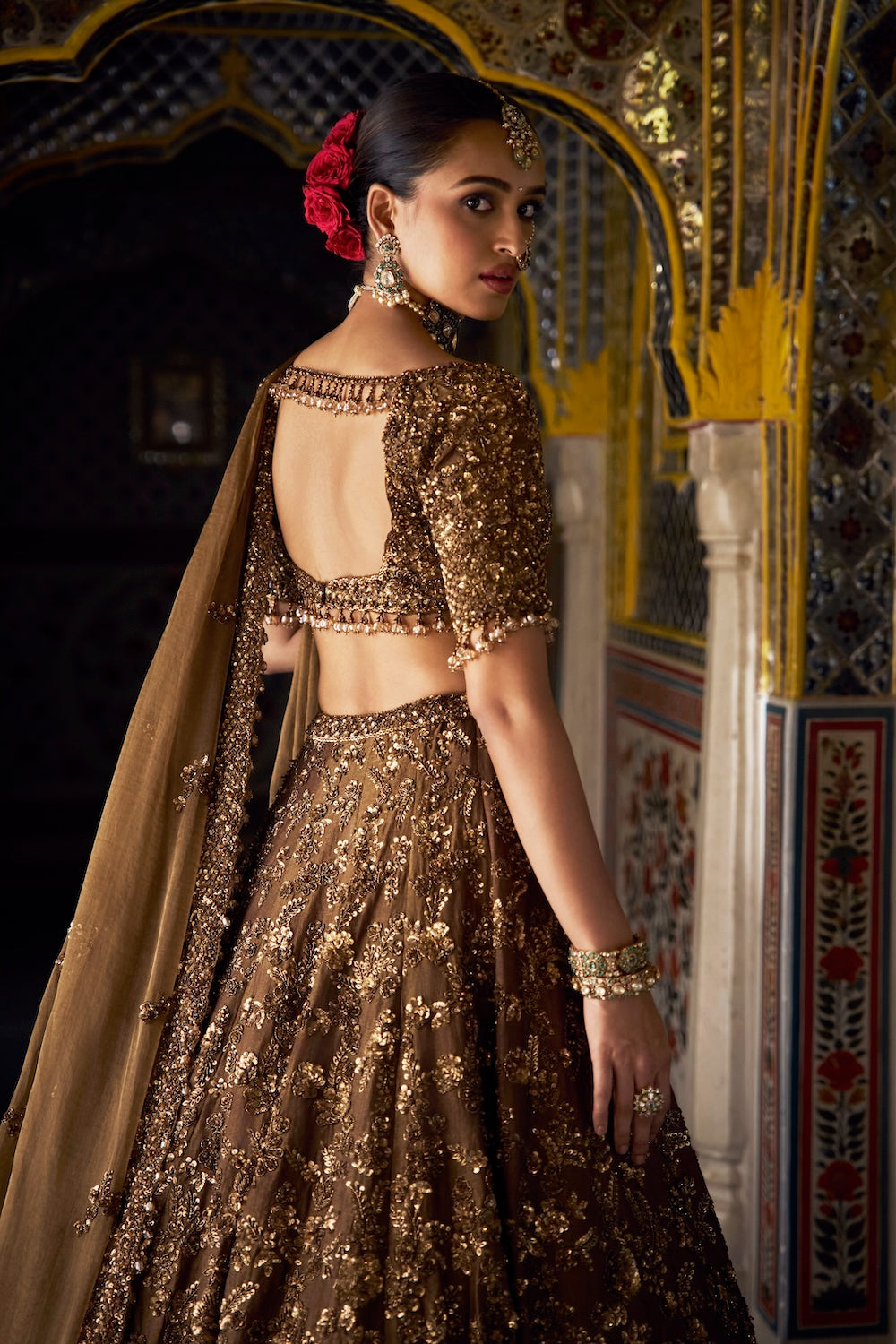 Seema Gujral - Bronze Tissue Lehenga Set