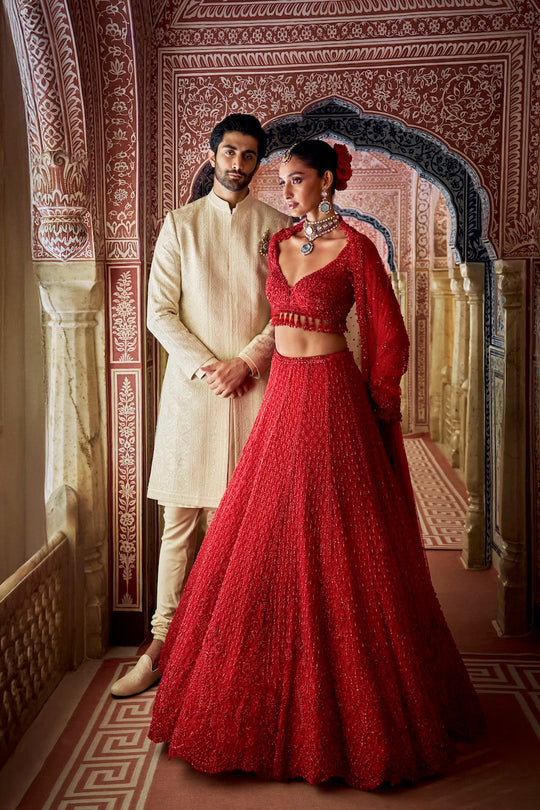 Seema Gujral - Red Cut Work Lehenga Set