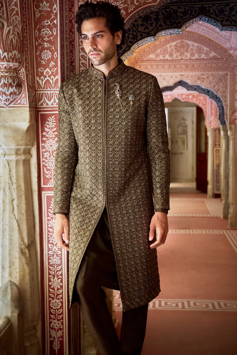 Seema Gujral - Olive Green Thread Sequin Sherwani Set